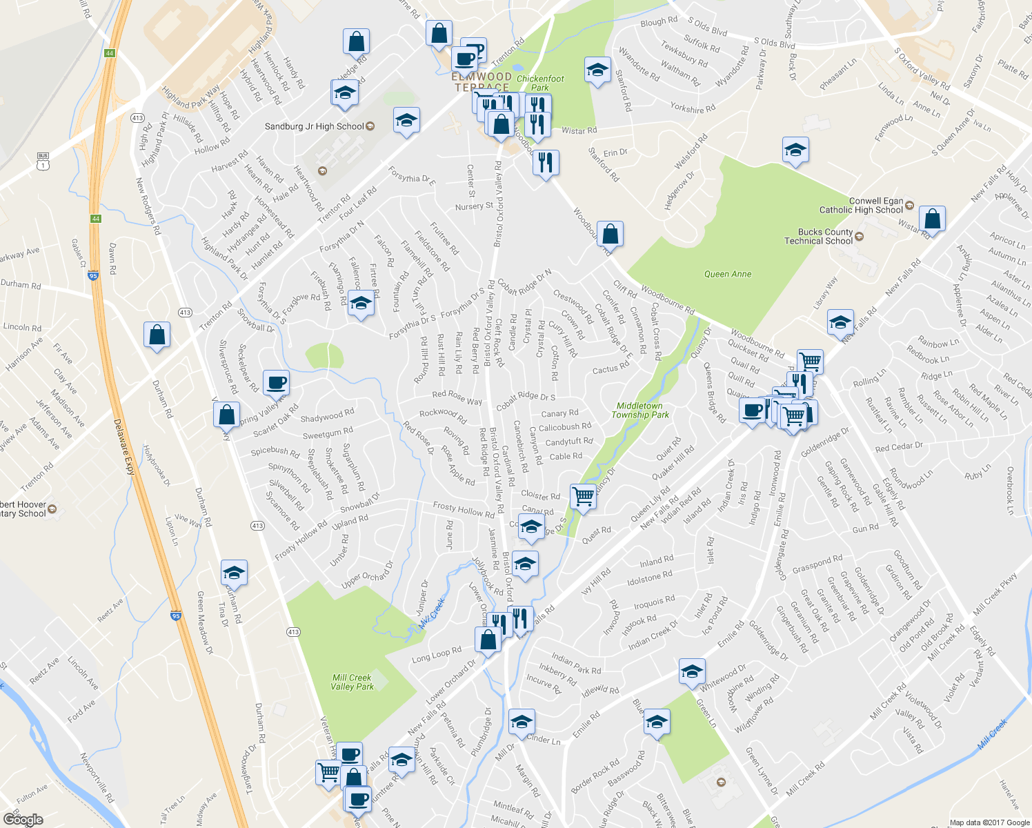 map of restaurants, bars, coffee shops, grocery stores, and more near 68 Canoebirch Road in Levittown