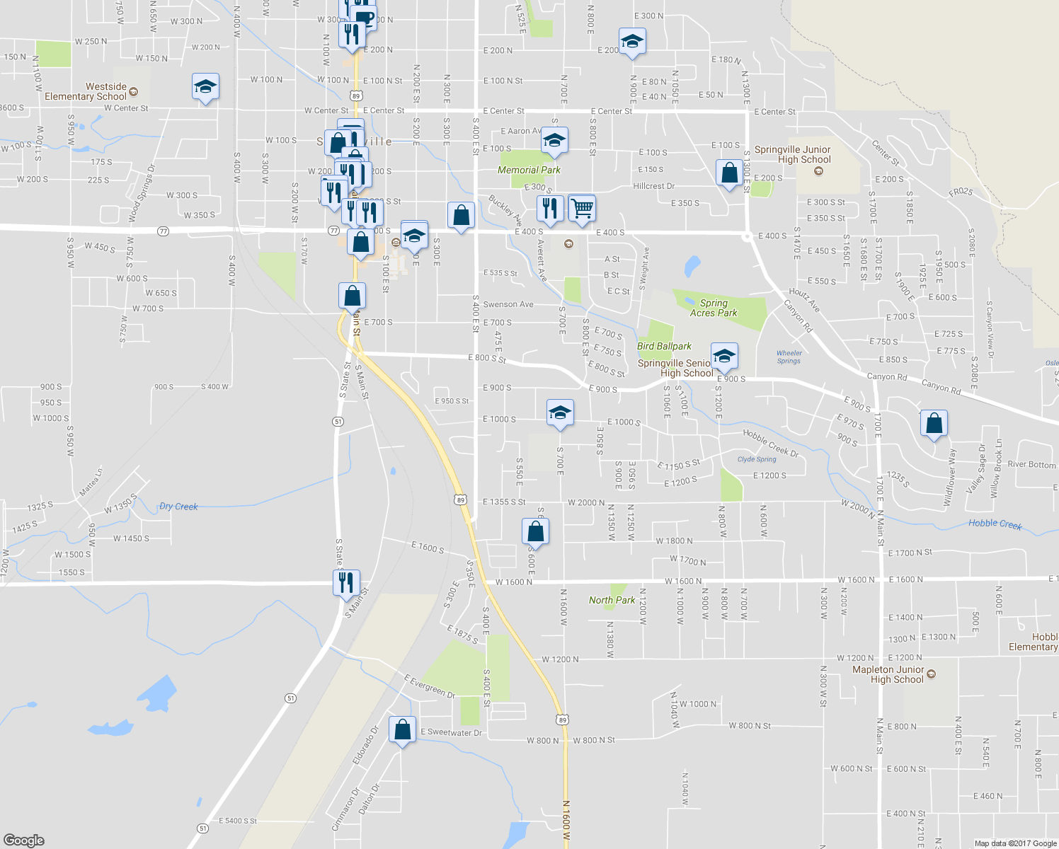 map of restaurants, bars, coffee shops, grocery stores, and more near 590 East 1000 South in Springville