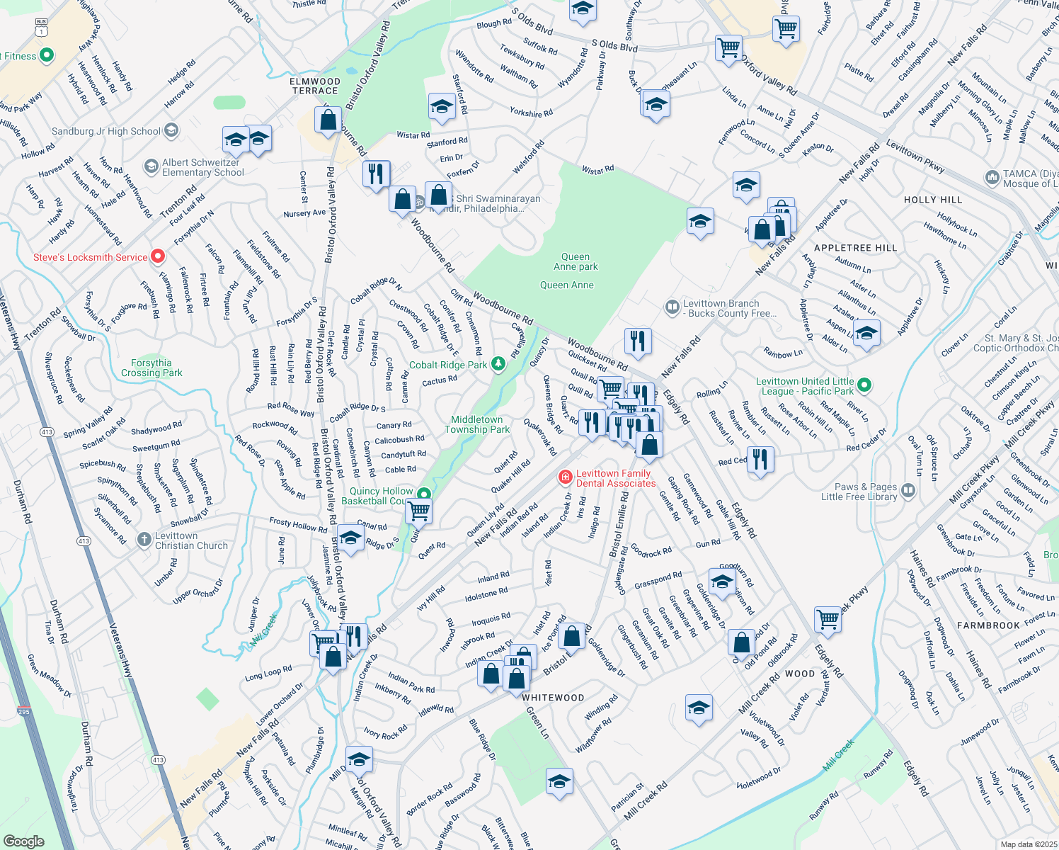 map of restaurants, bars, coffee shops, grocery stores, and more near 39 Quakeroak Road in Levittown