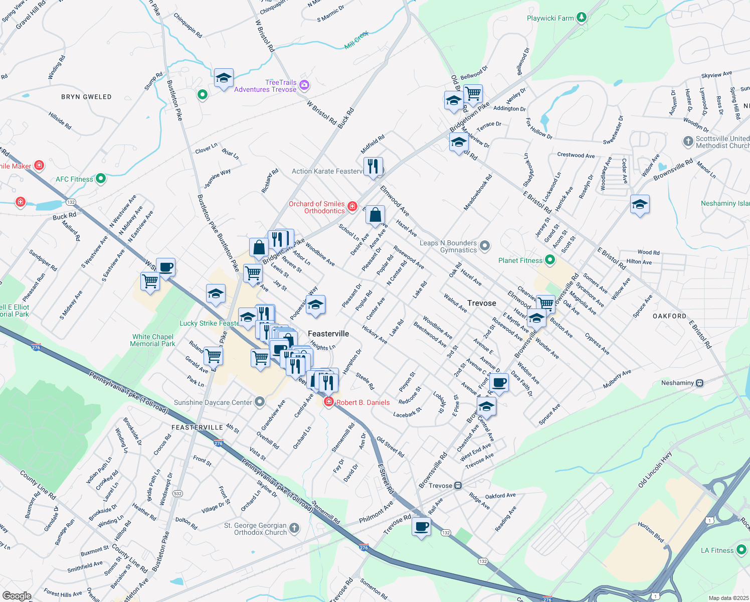 map of restaurants, bars, coffee shops, grocery stores, and more near 1434 Center Avenue in Feasterville-Trevose