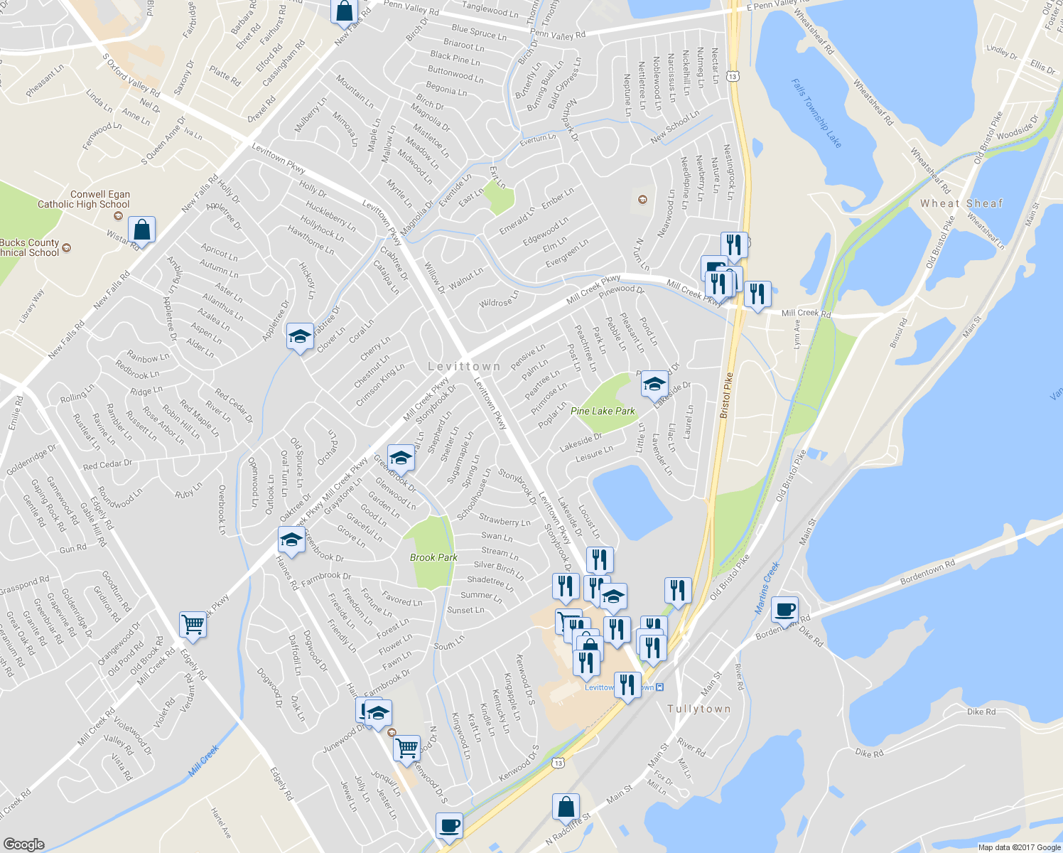 map of restaurants, bars, coffee shops, grocery stores, and more near 7 Poplar Lane in Levittown
