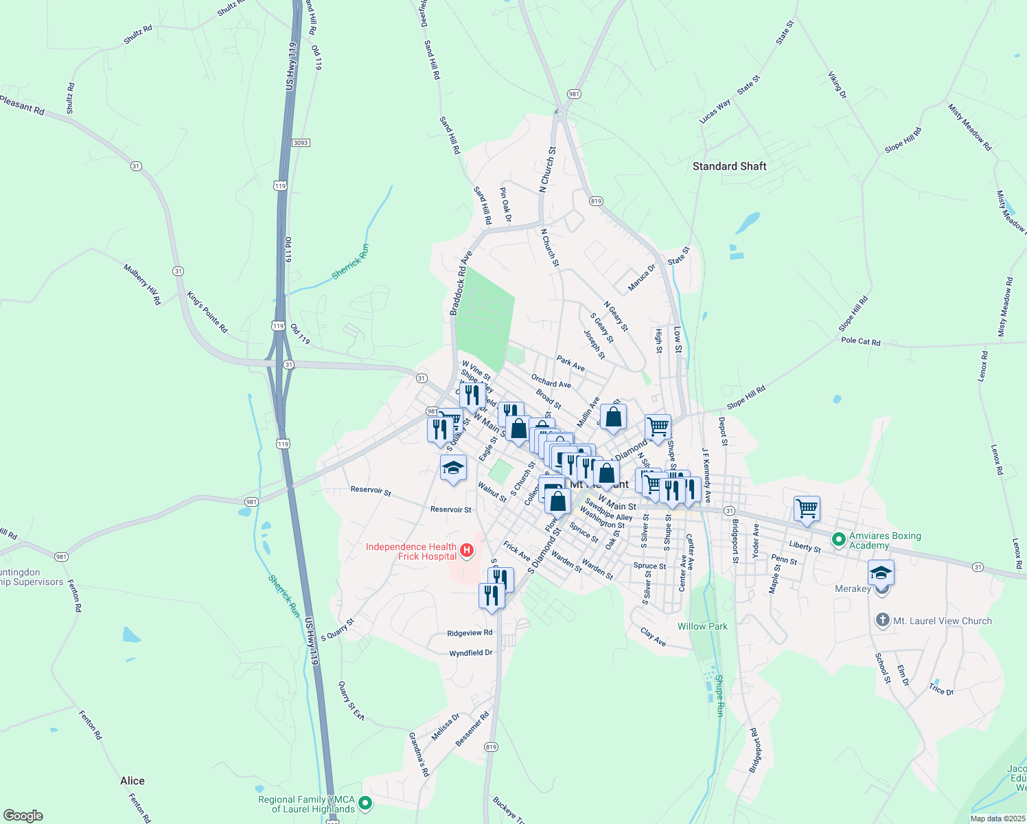 map of restaurants, bars, coffee shops, grocery stores, and more near 800 West Smithfield Street in Mount Pleasant