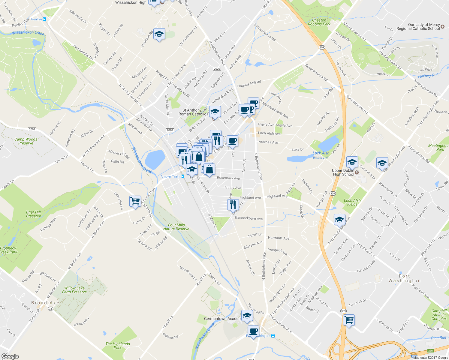 map of restaurants, bars, coffee shops, grocery stores, and more near 220 Rosemary Avenue in Ambler