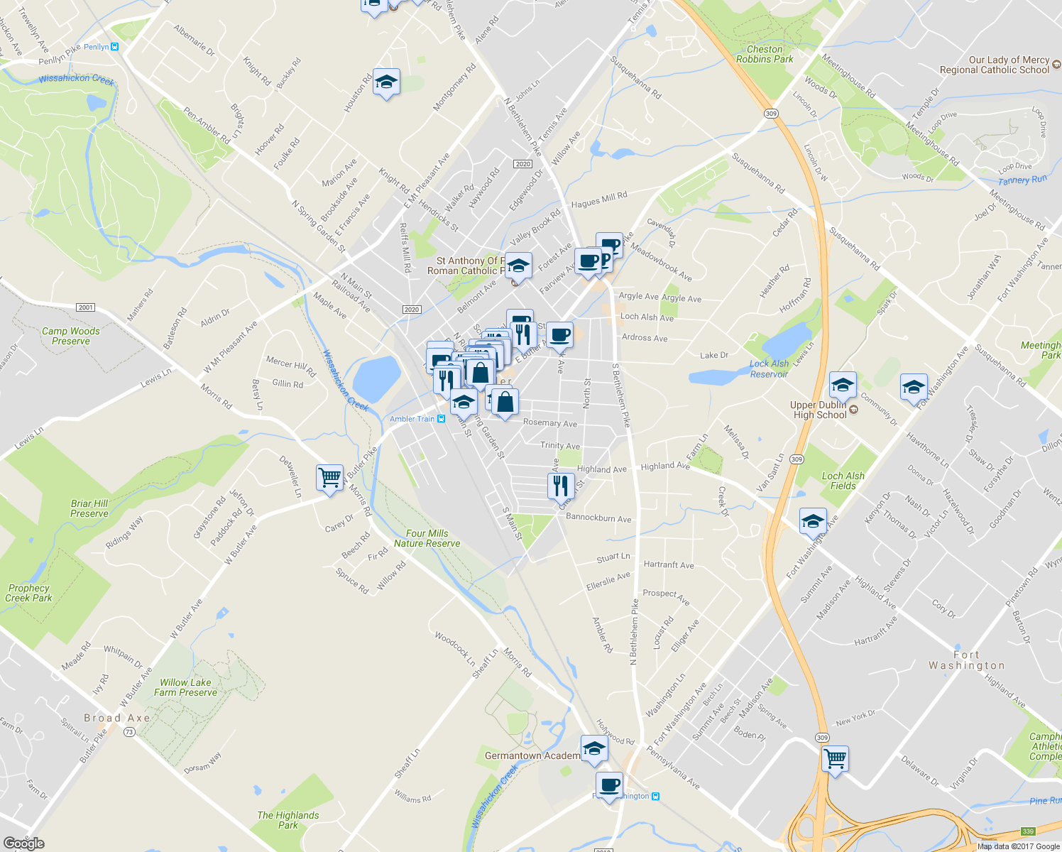 map of restaurants, bars, coffee shops, grocery stores, and more near 206 Rosemary Avenue in Ambler