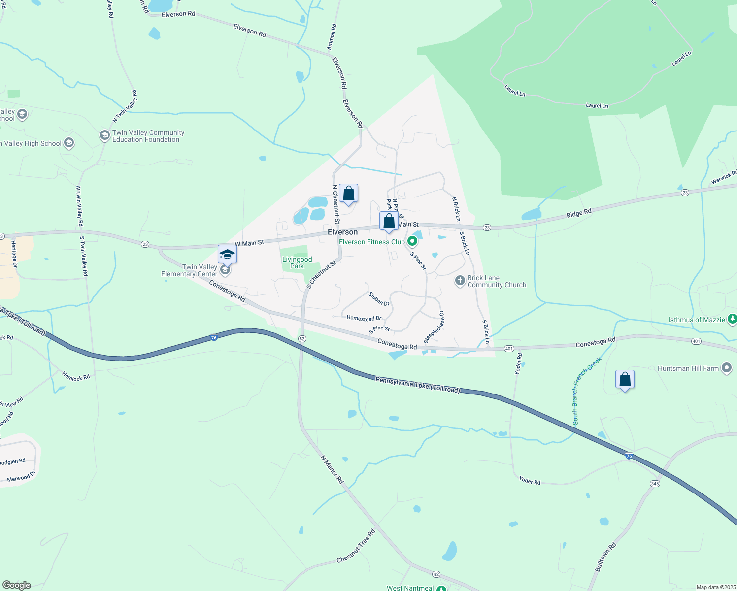 map of restaurants, bars, coffee shops, grocery stores, and more near 535 Kennelwoods Drive in Elverson