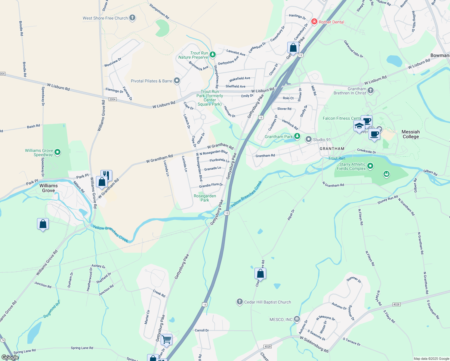 map of restaurants, bars, coffee shops, grocery stores, and more near 2716 East Rosegarden Boulevard in Mechanicsburg