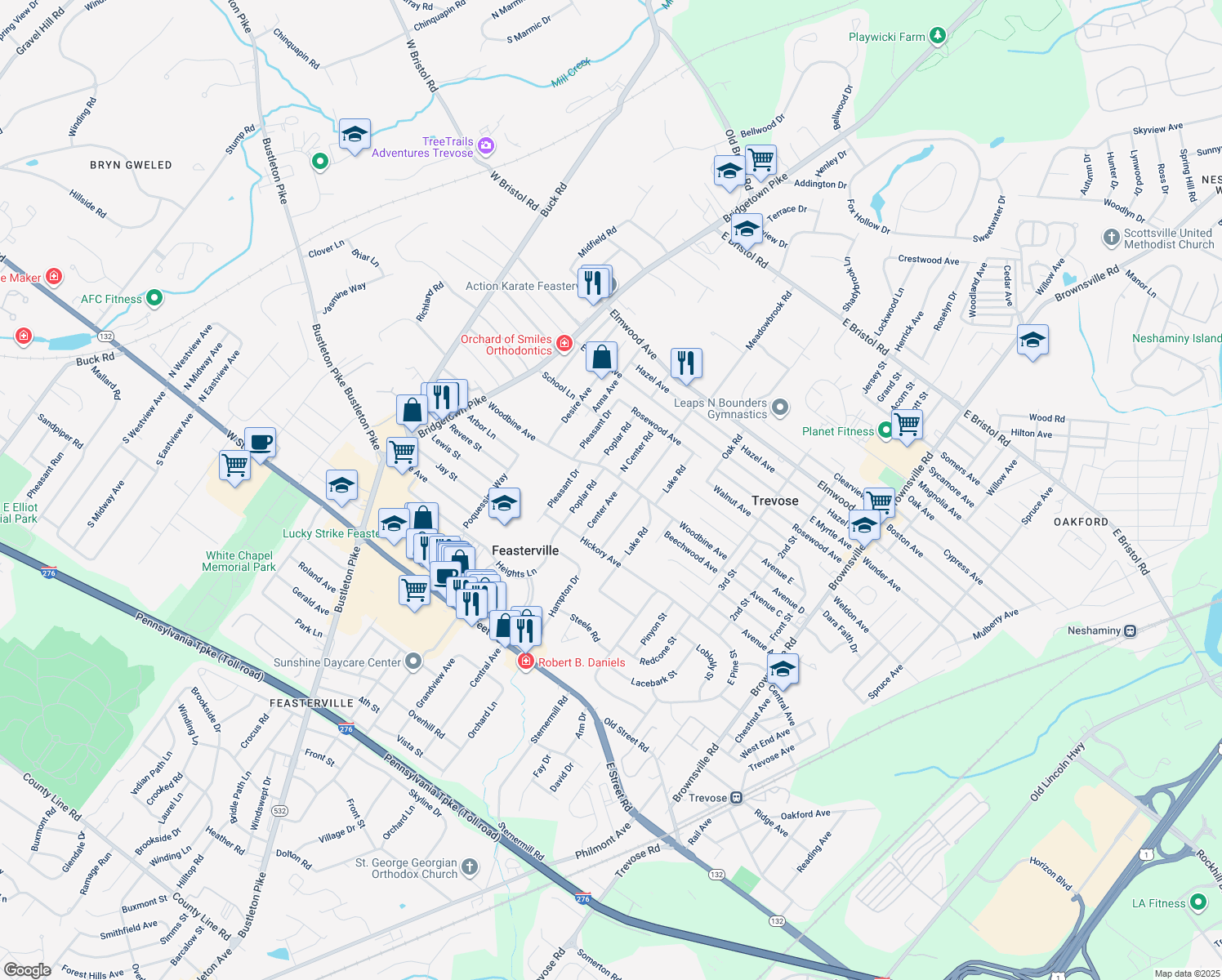 map of restaurants, bars, coffee shops, grocery stores, and more near 1442 Center Avenue in Feasterville-Trevose