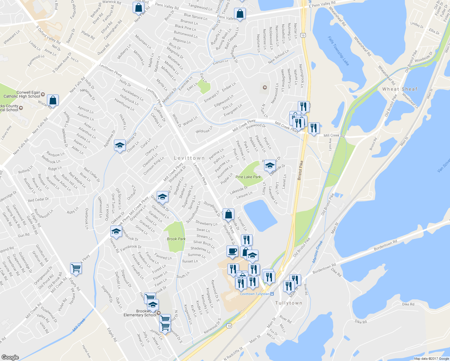 map of restaurants, bars, coffee shops, grocery stores, and more near 23 Poplar Lane in Levittown