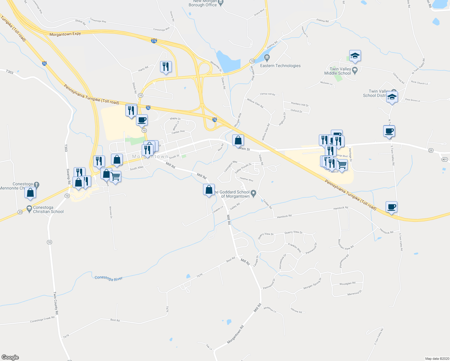 map of restaurants, bars, coffee shops, grocery stores, and more near 701 Ridgeview Drive in Morgantown
