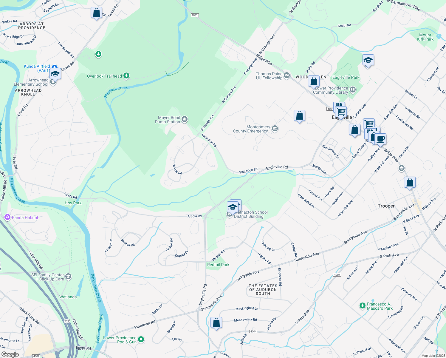 map of restaurants, bars, coffee shops, grocery stores, and more near 3390 Visitation Road in Collegeville