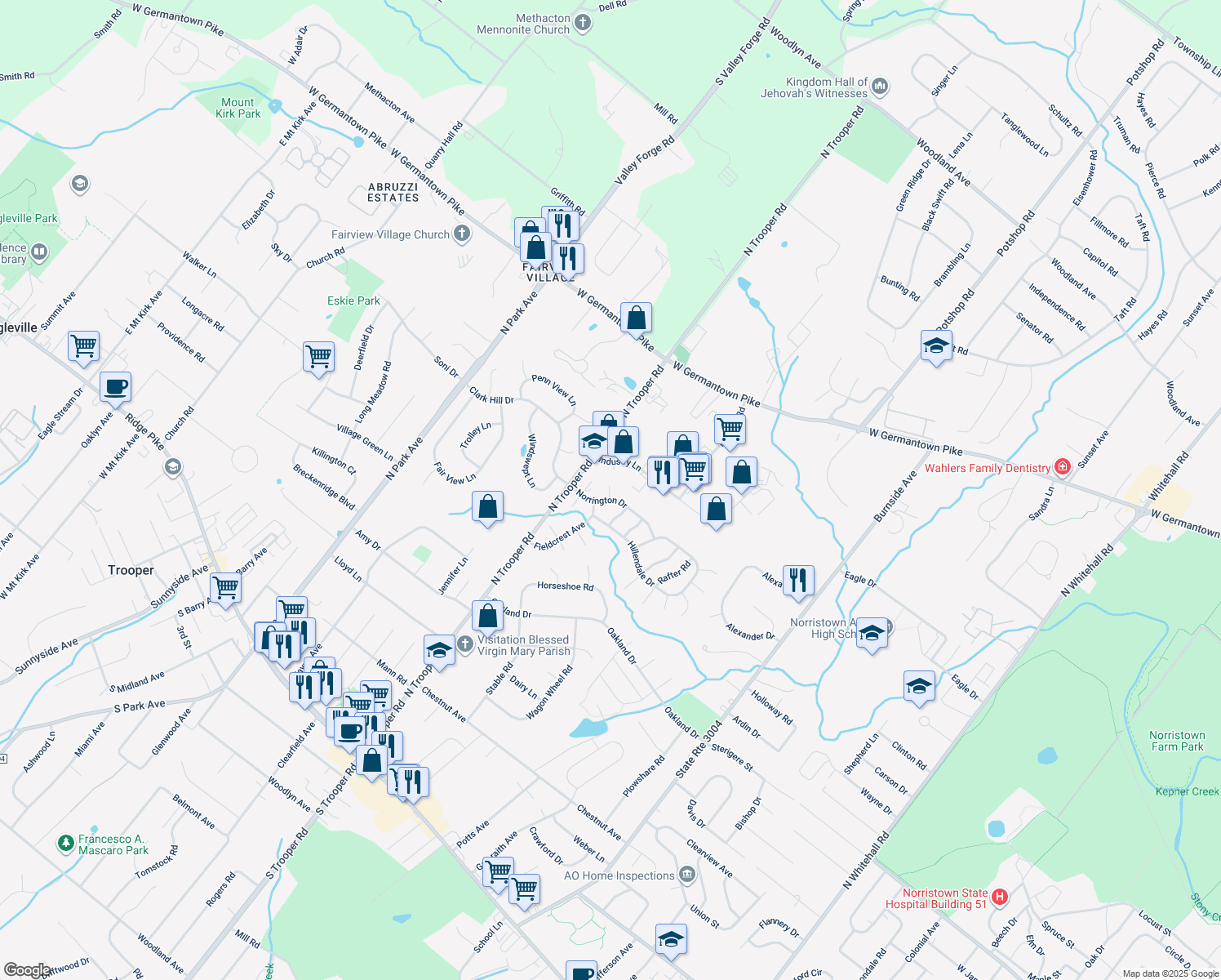 map of restaurants, bars, coffee shops, grocery stores, and more near 509 Carousel Circle in Norristown