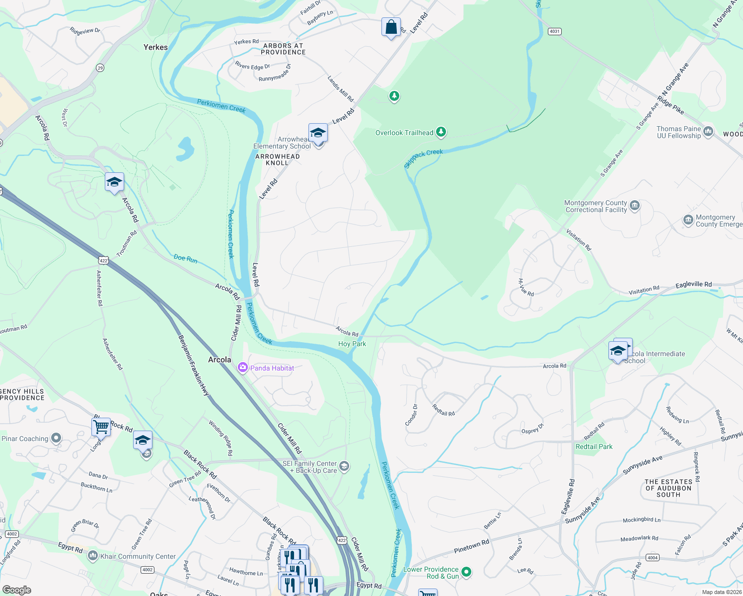 map of restaurants, bars, coffee shops, grocery stores, and more near 740 Raynham Road in Collegeville
