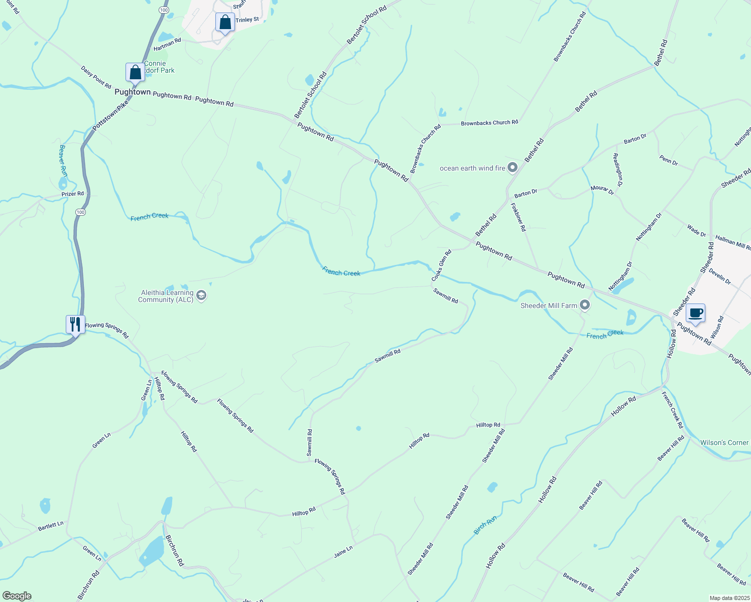 map of restaurants, bars, coffee shops, grocery stores, and more near 172 Cooks Glen Road in Spring City