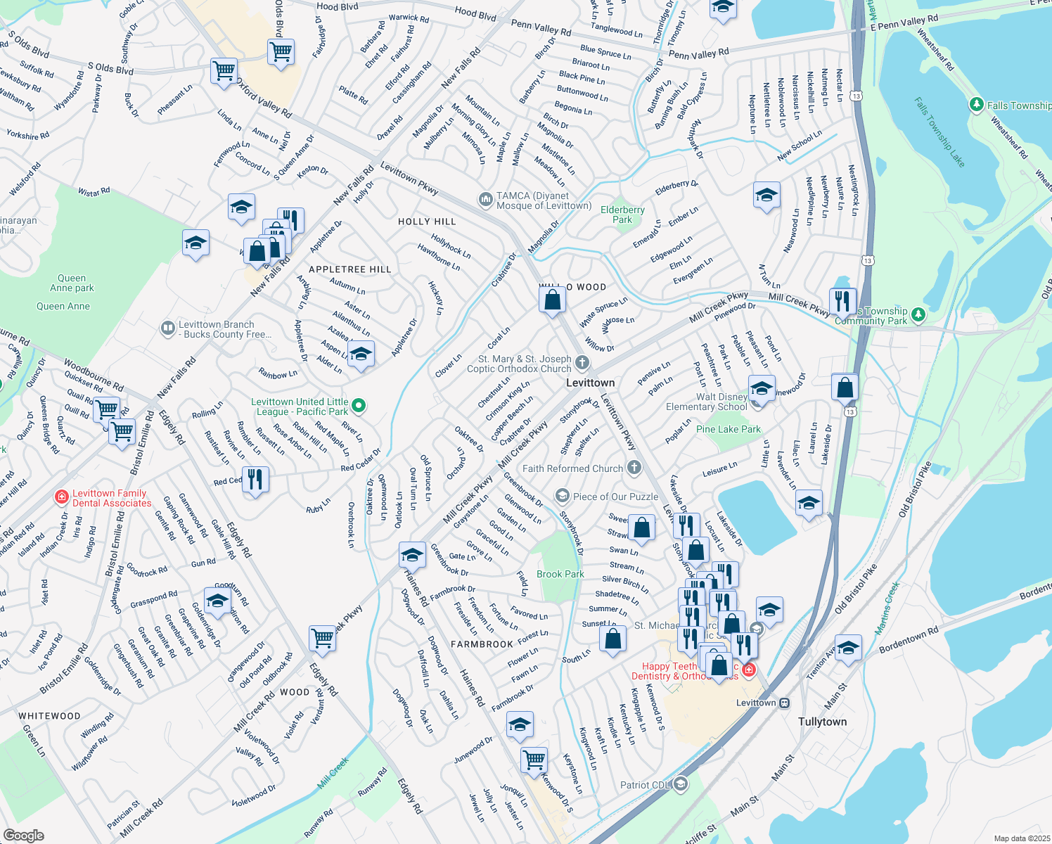 map of restaurants, bars, coffee shops, grocery stores, and more near 168 Crabtree Drive in Levittown