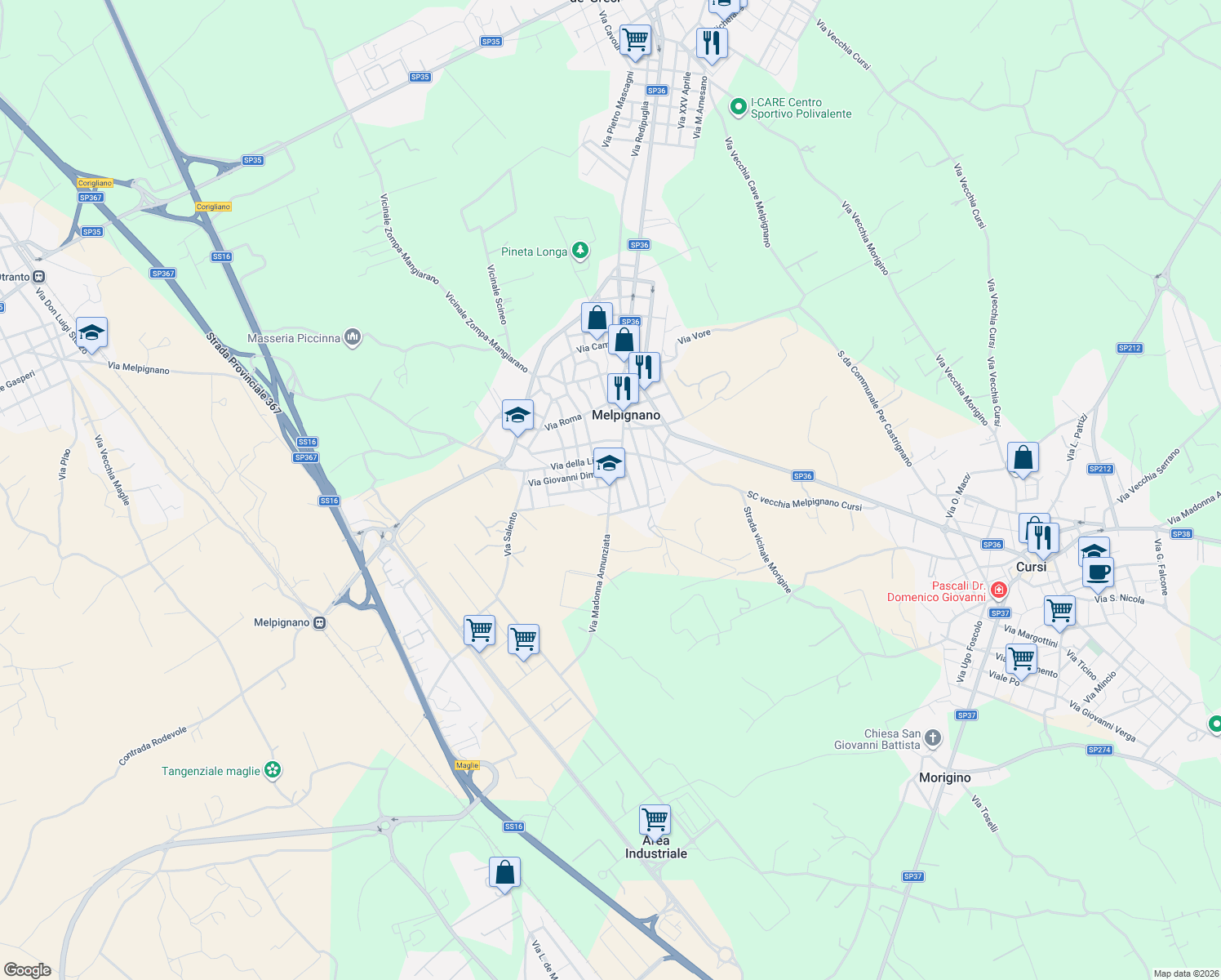 map of restaurants, bars, coffee shops, grocery stores, and more near 9 Via Madonna Annunziata in Melpignano