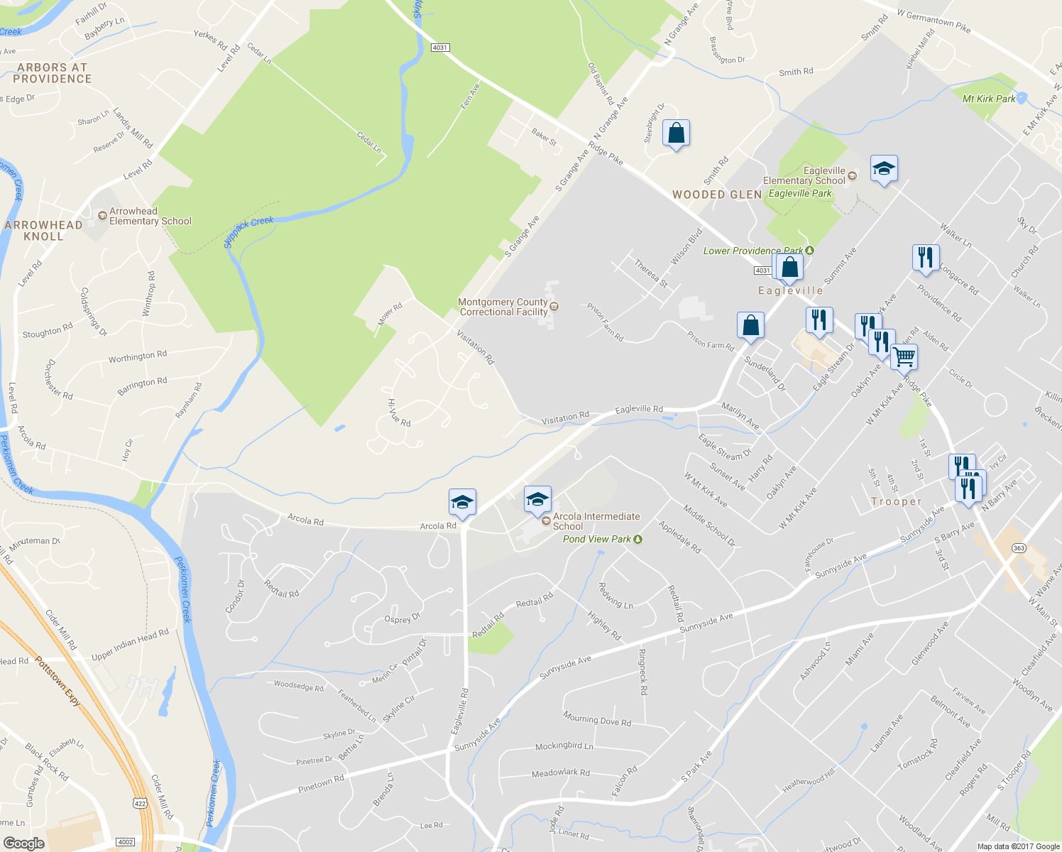 map of restaurants, bars, coffee shops, grocery stores, and more near 3374 Visitation Road in Collegeville