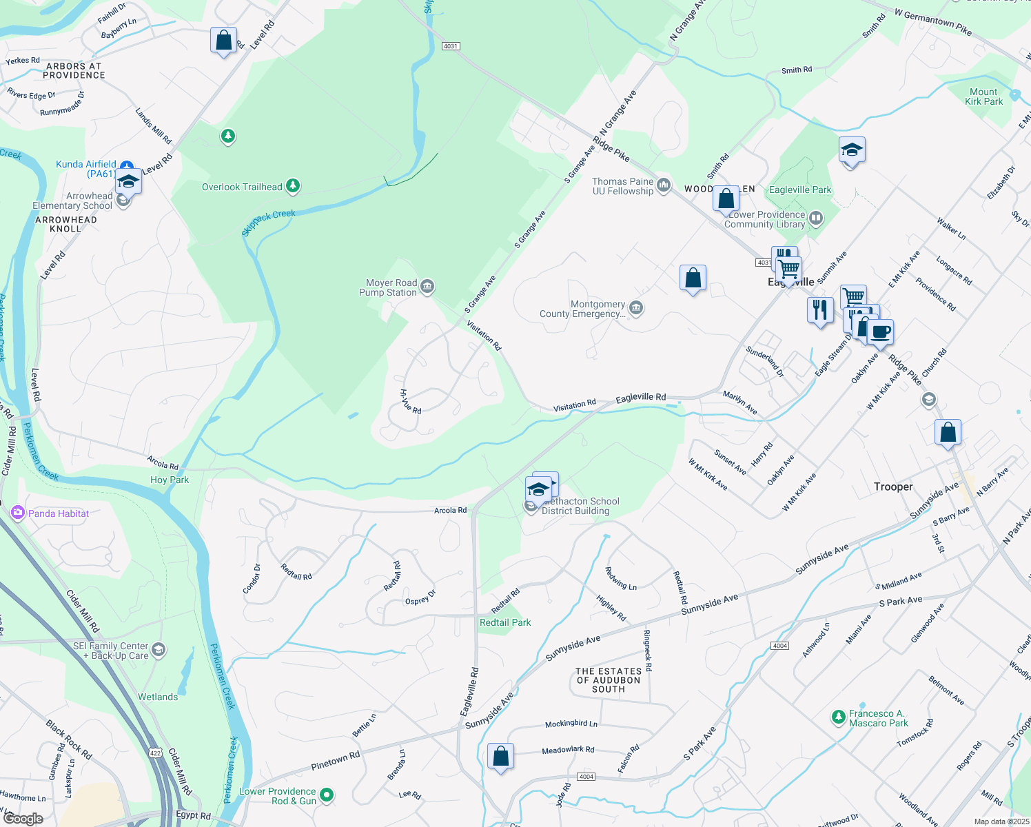 map of restaurants, bars, coffee shops, grocery stores, and more near 3390 Visitation Road in Collegeville