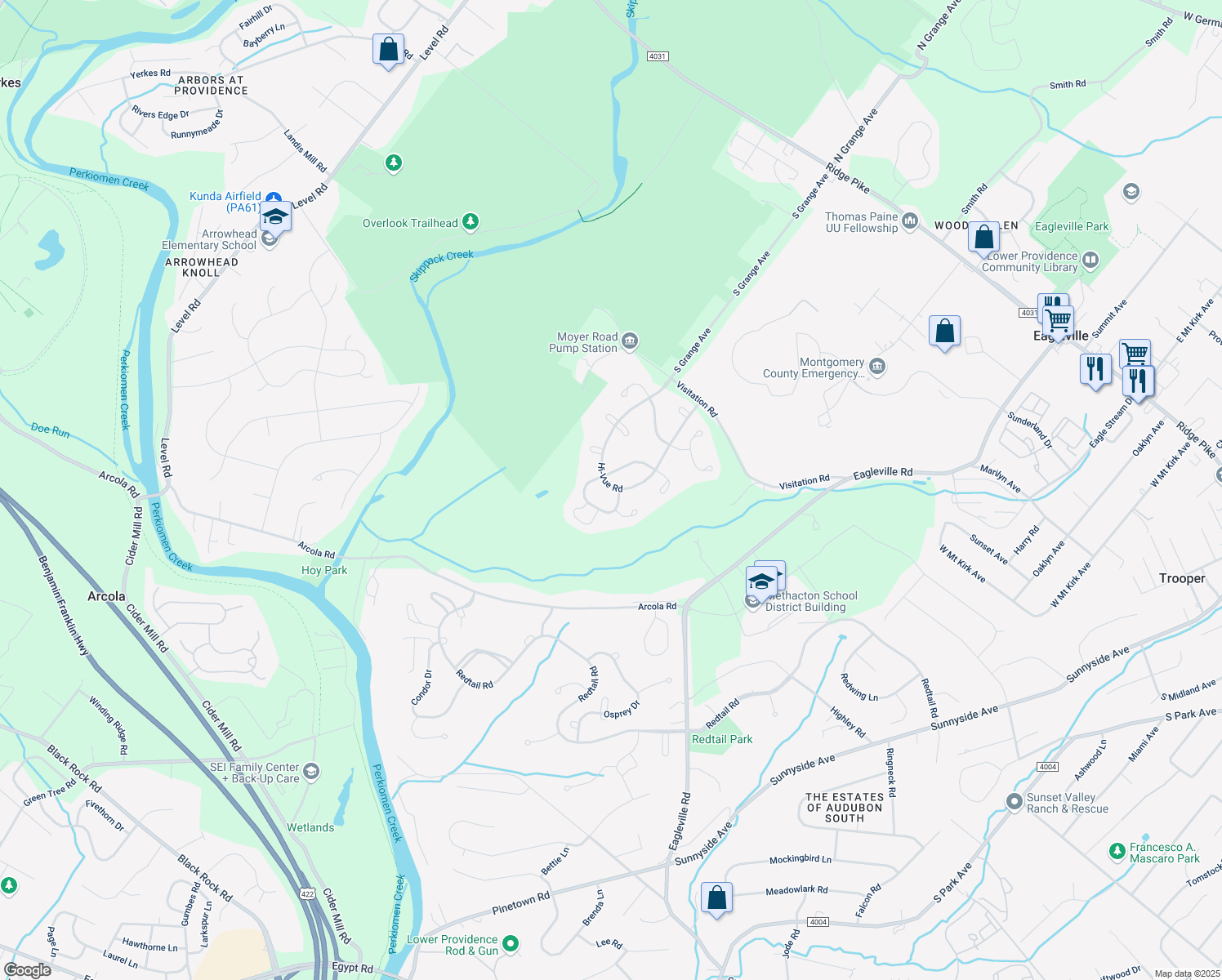 map of restaurants, bars, coffee shops, grocery stores, and more near 5029 Woodgate Lane in Collegeville