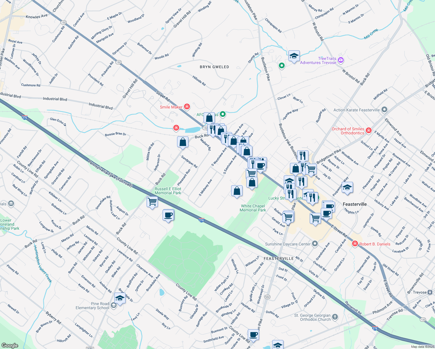 map of restaurants, bars, coffee shops, grocery stores, and more near 100 South Midway Avenue in Feasterville-Trevose