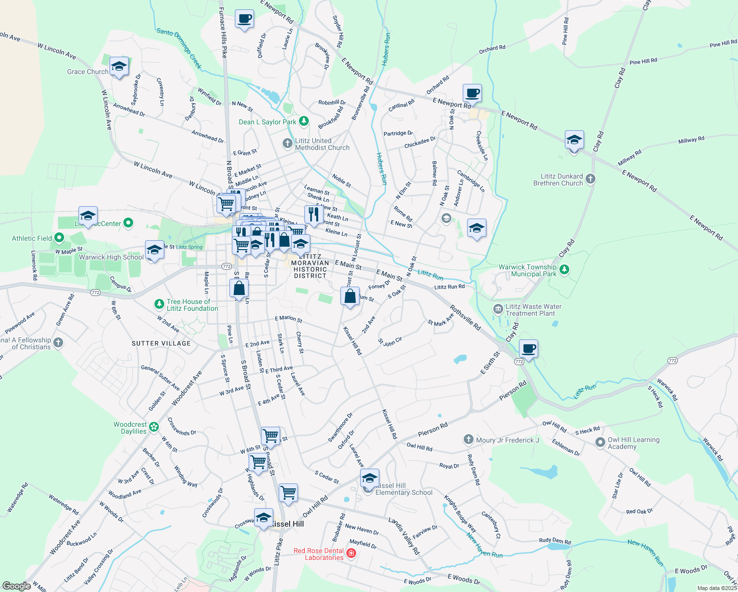 map of restaurants, bars, coffee shops, grocery stores, and more near 55 Forney Dr in Lititz