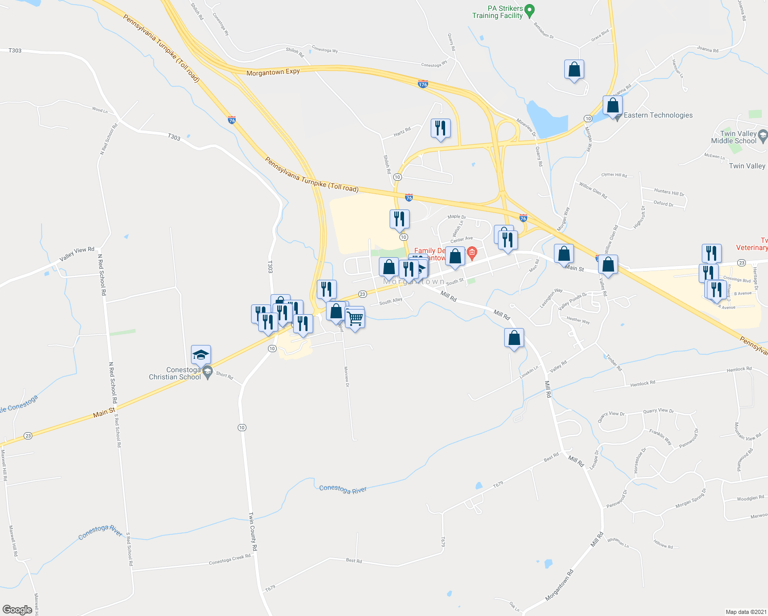 map of restaurants, bars, coffee shops, grocery stores, and more near 118 Mulberry Court in Morgantown