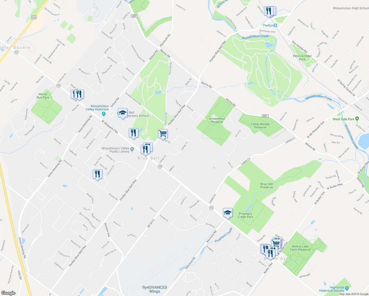map of restaurants, bars, coffee shops, grocery stores, and more near 826 Village Circle in Blue Bell