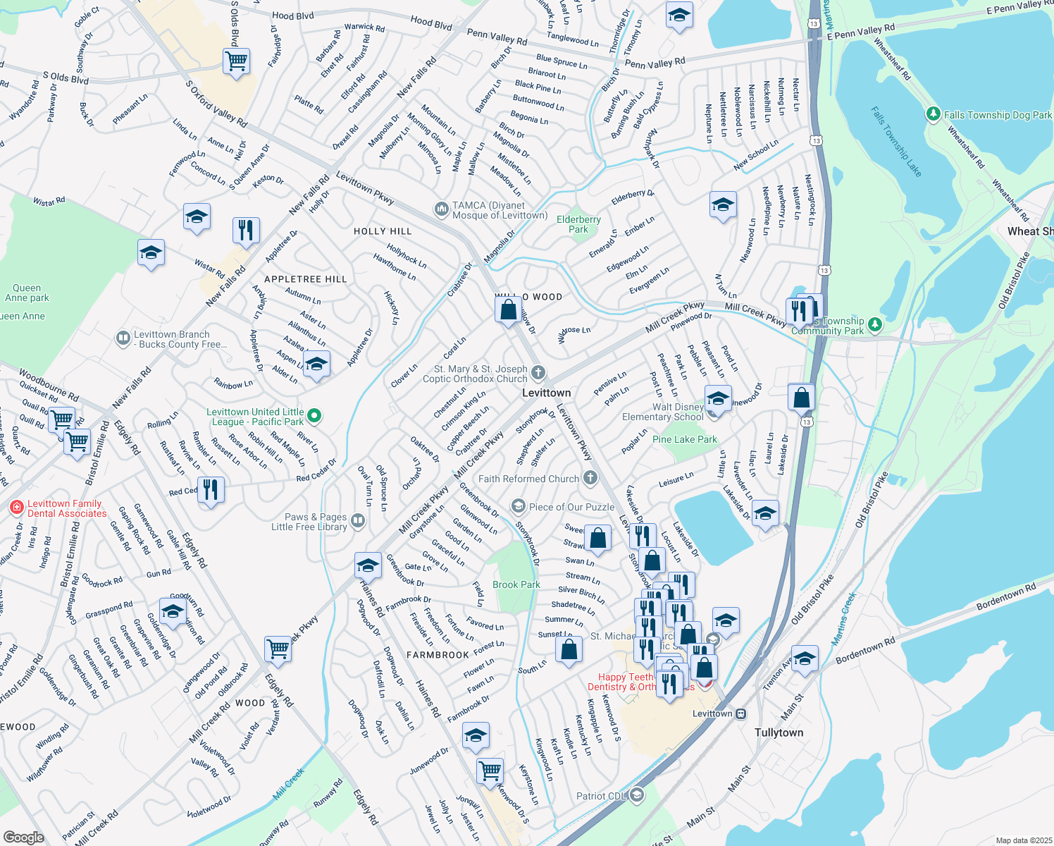 map of restaurants, bars, coffee shops, grocery stores, and more near 366 Stonybrook Drive in Levittown