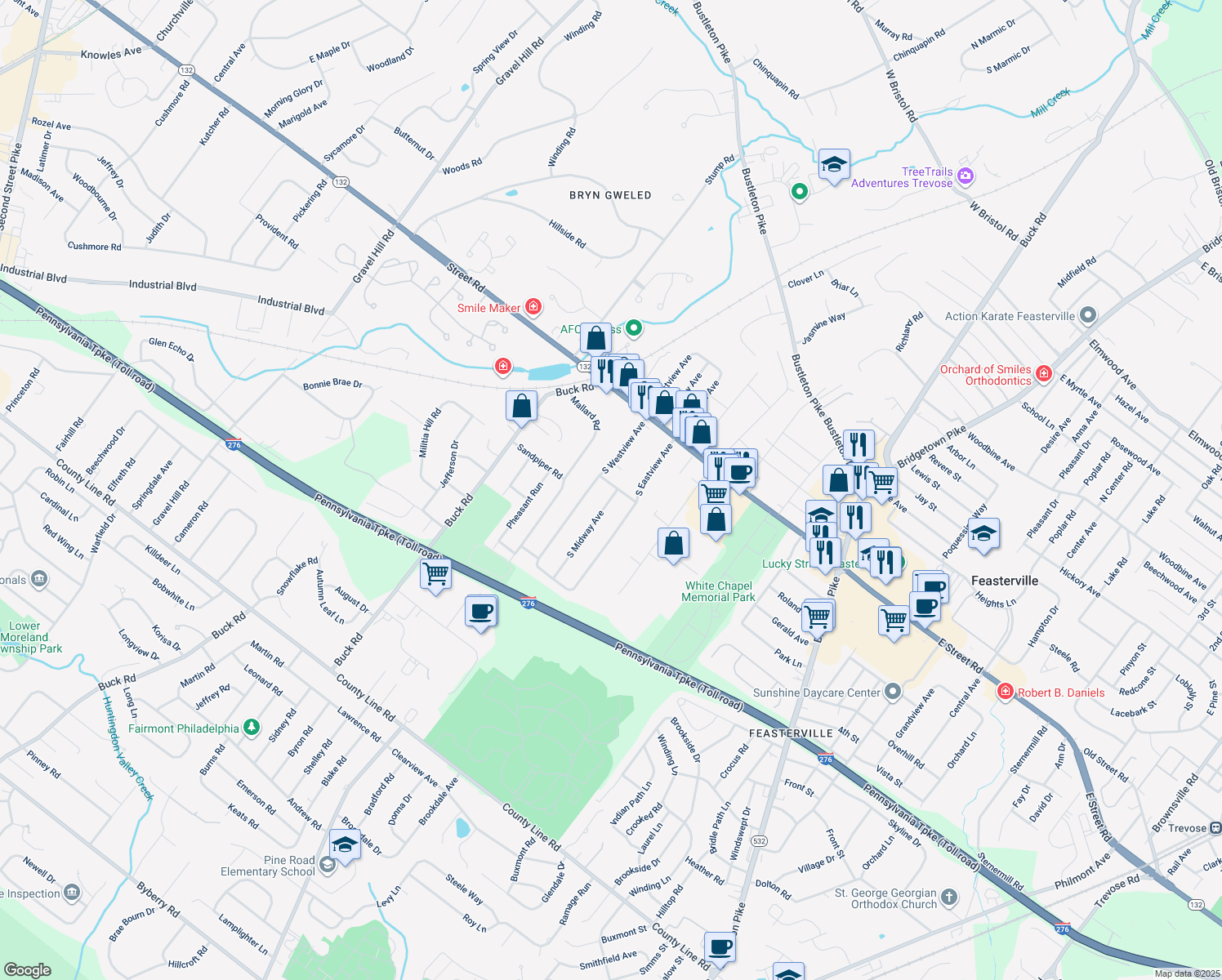 map of restaurants, bars, coffee shops, grocery stores, and more near 101 South Midway Avenue in Feasterville-Trevose