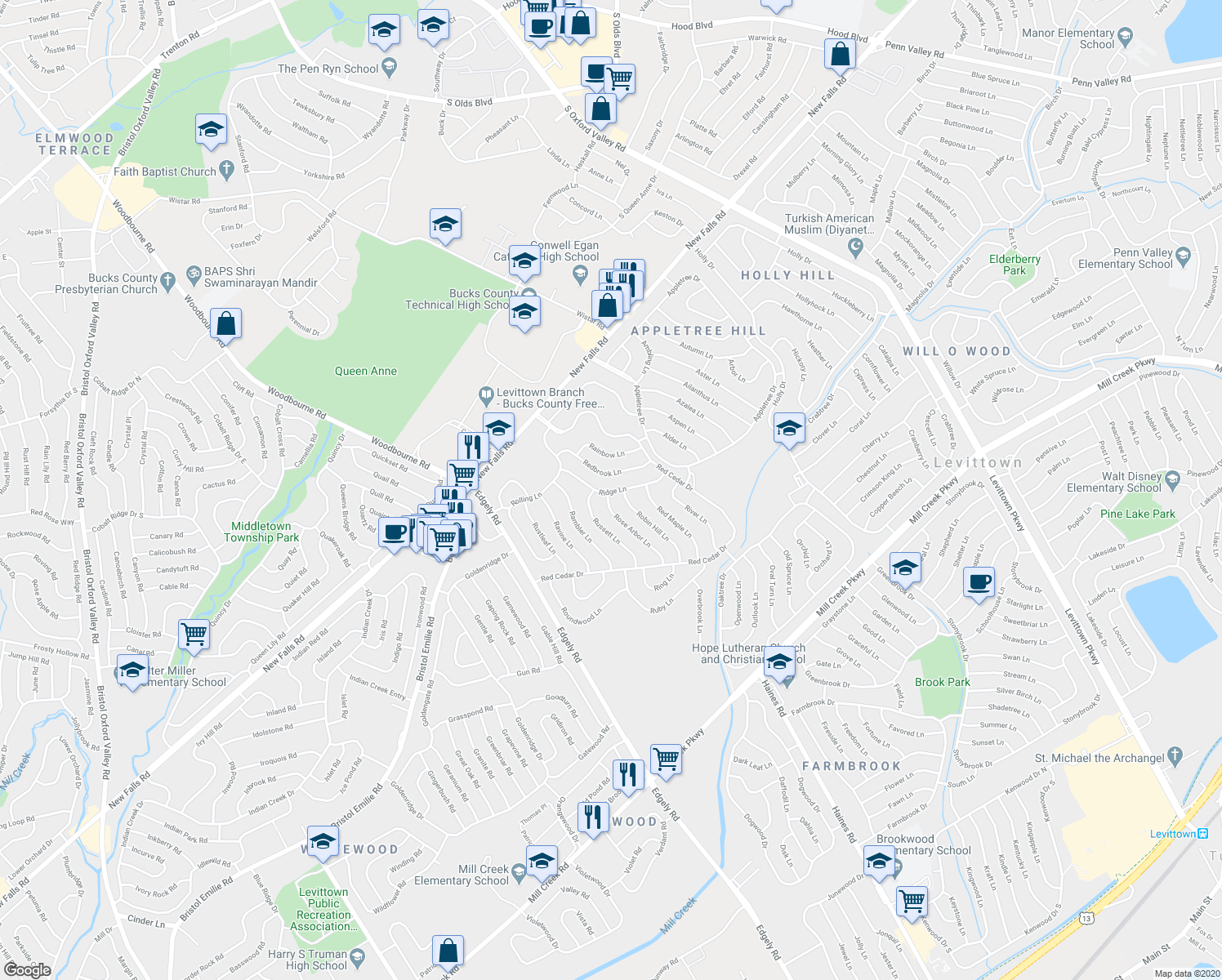 map of restaurants, bars, coffee shops, grocery stores, and more near 40 Ridge Lane in Levittown