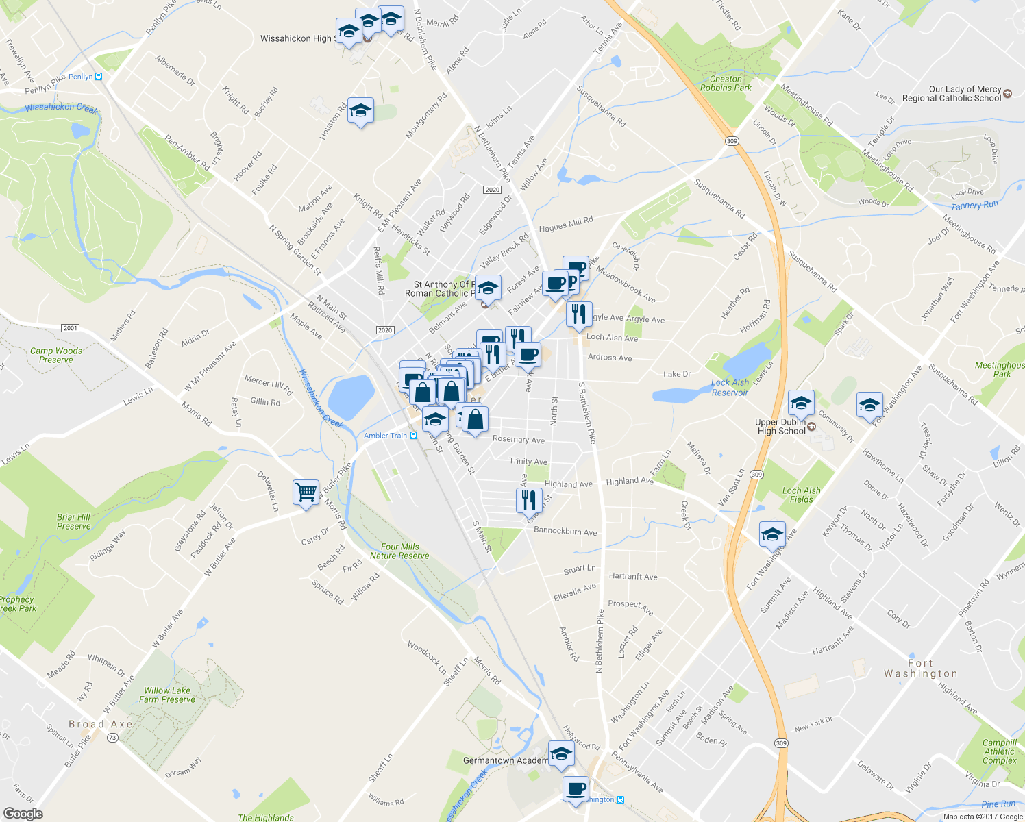 map of restaurants, bars, coffee shops, grocery stores, and more near 211 Mattison Avenue in Ambler
