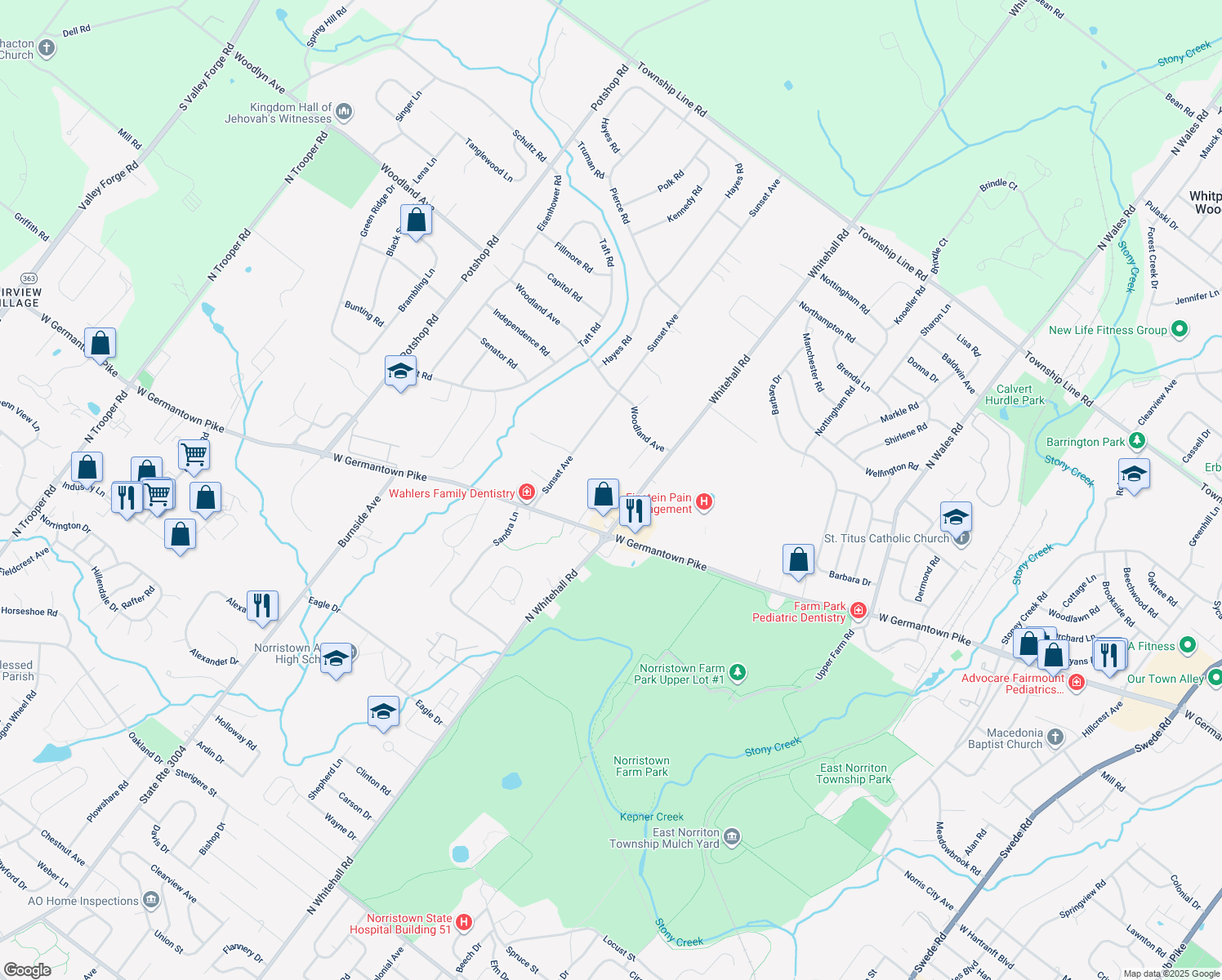 map of restaurants, bars, coffee shops, grocery stores, and more near 2921 Reiner Road in Eagleville