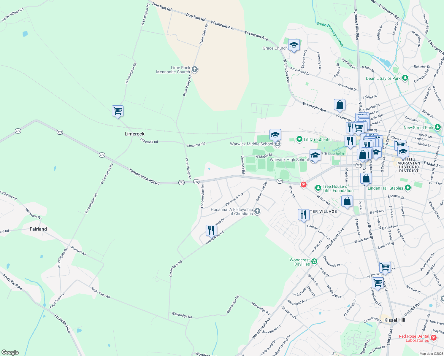 map of restaurants, bars, coffee shops, grocery stores, and more near 619 West Orange Street in Lititz