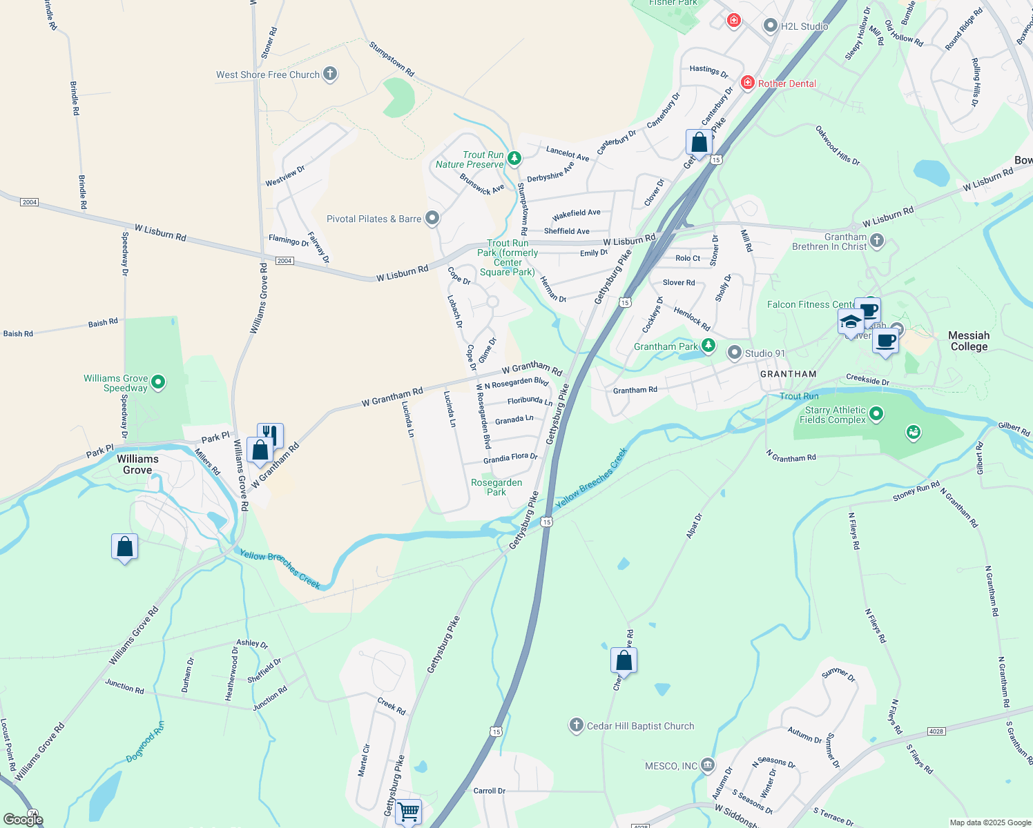 map of restaurants, bars, coffee shops, grocery stores, and more near 1110 Granada Lane in Mechanicsburg