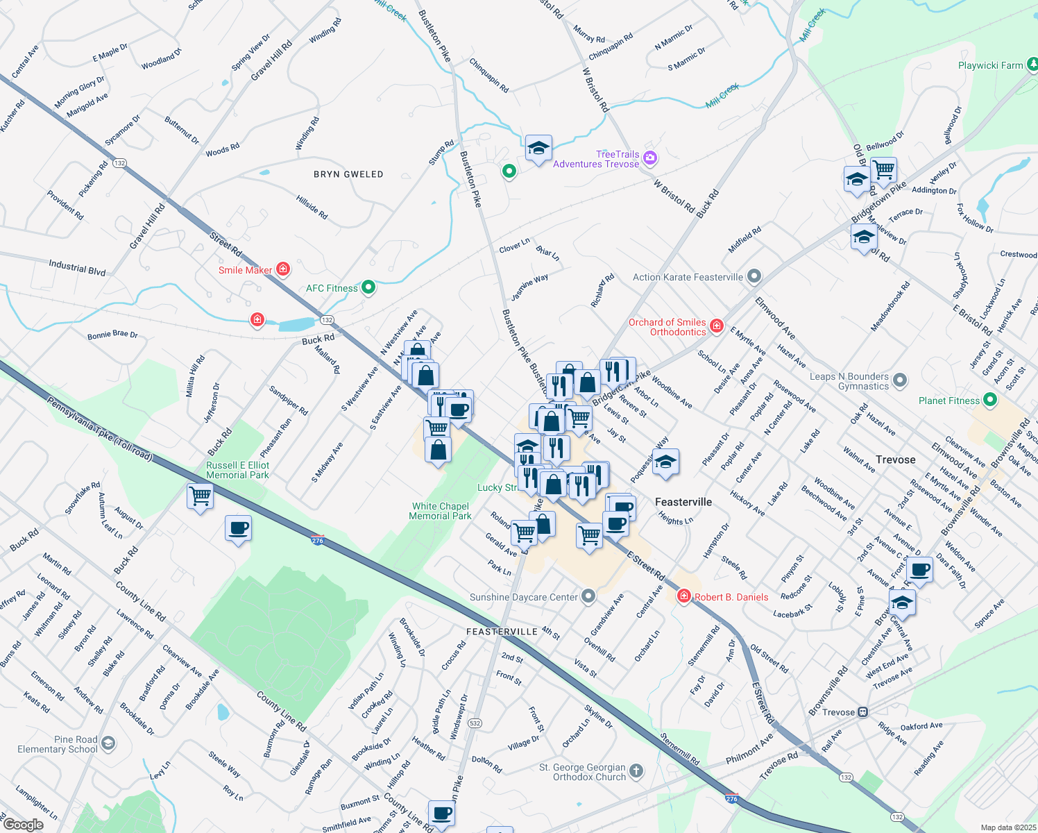 map of restaurants, bars, coffee shops, grocery stores, and more near 1111 Hoover Avenue in Feasterville-Trevose