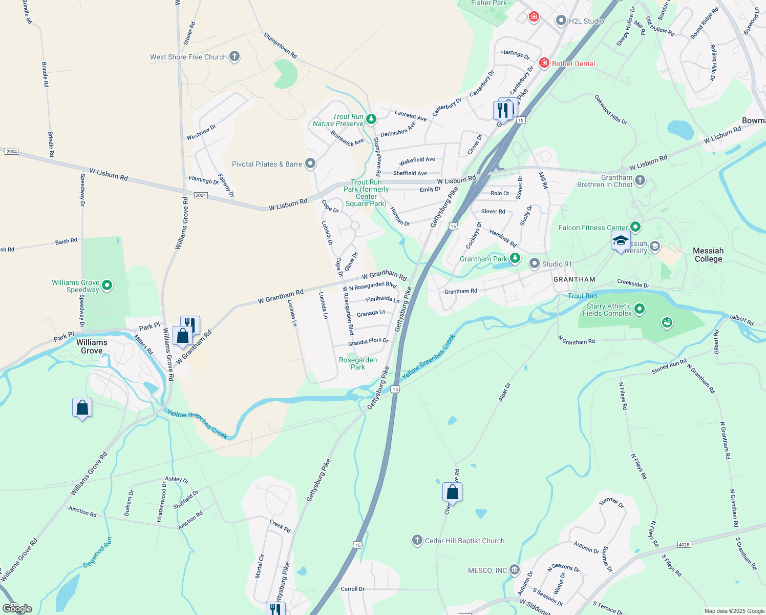 map of restaurants, bars, coffee shops, grocery stores, and more near 1104 Granada Lane in Mechanicsburg