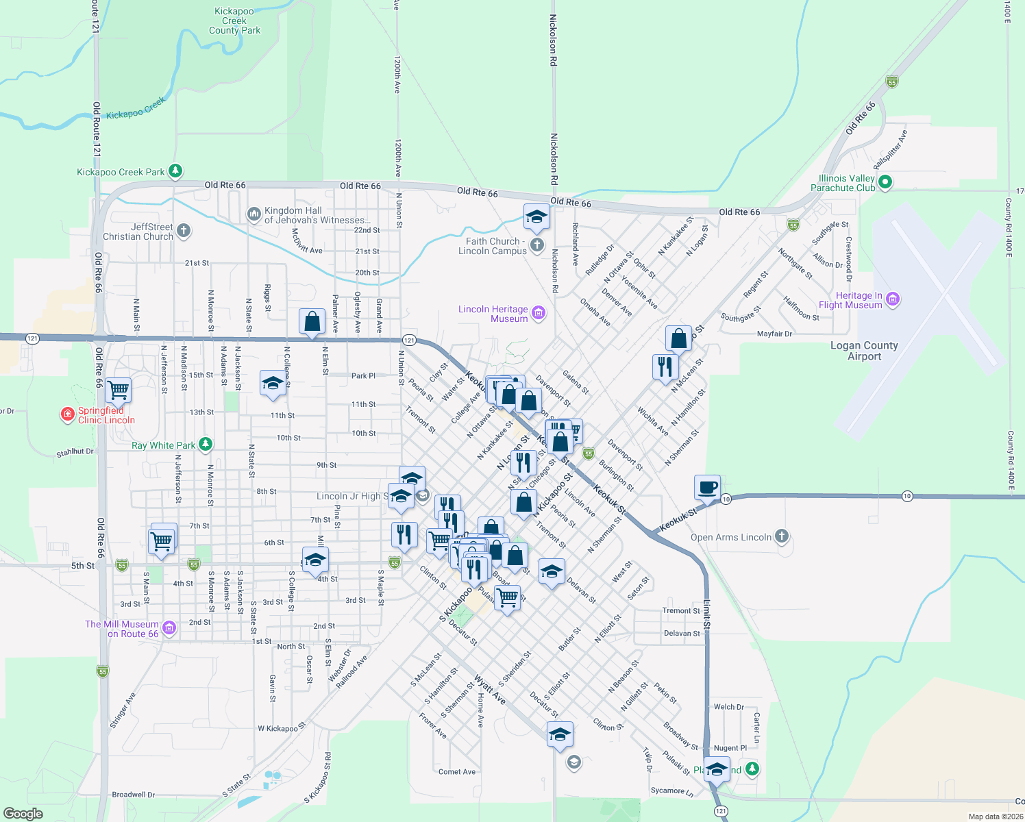 map of restaurants, bars, coffee shops, grocery stores, and more near 622 North Kankakee Street in Lincoln