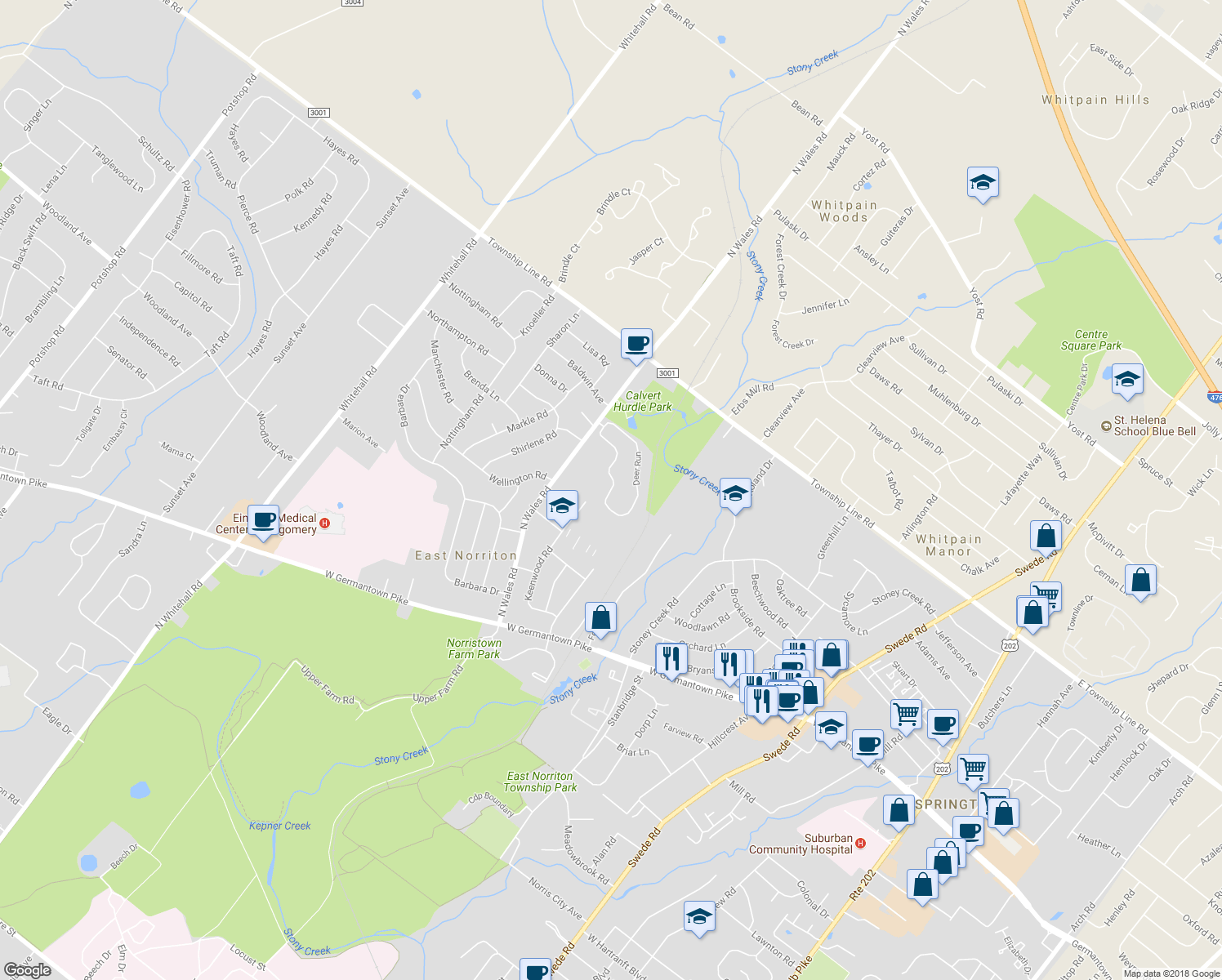 map of restaurants, bars, coffee shops, grocery stores, and more near 610 Stony Way in East Norriton
