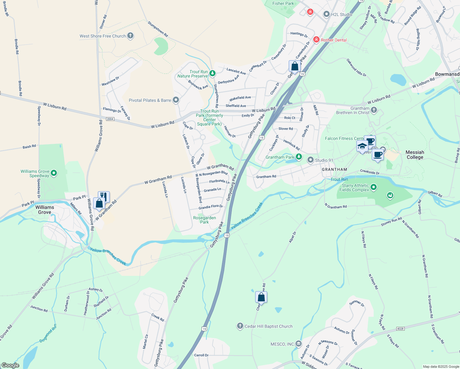 map of restaurants, bars, coffee shops, grocery stores, and more near 1099 Floribunda Lane in Mechanicsburg
