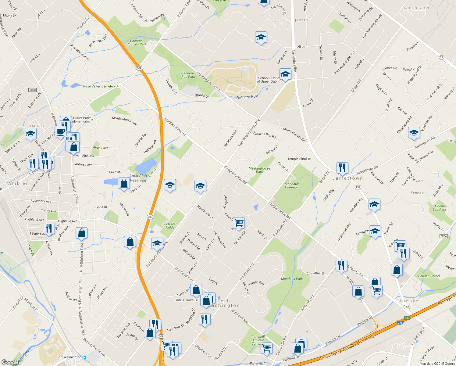 map of restaurants, bars, coffee shops, grocery stores, and more near 1268 Tressler Dr in Fort Washington