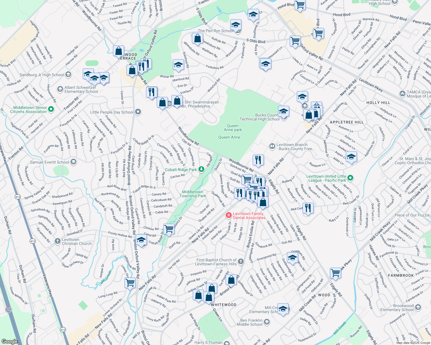 map of restaurants, bars, coffee shops, grocery stores, and more near 75 Queens Bridge Road in Levittown
