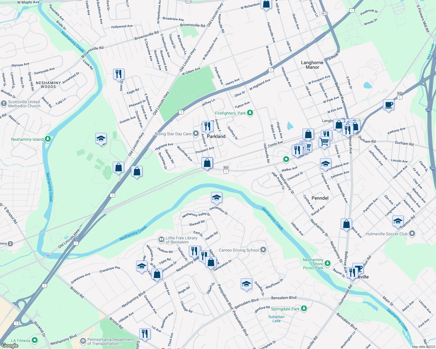 map of restaurants, bars, coffee shops, grocery stores, and more near 1215 Rising Sun Avenue in Langhorne