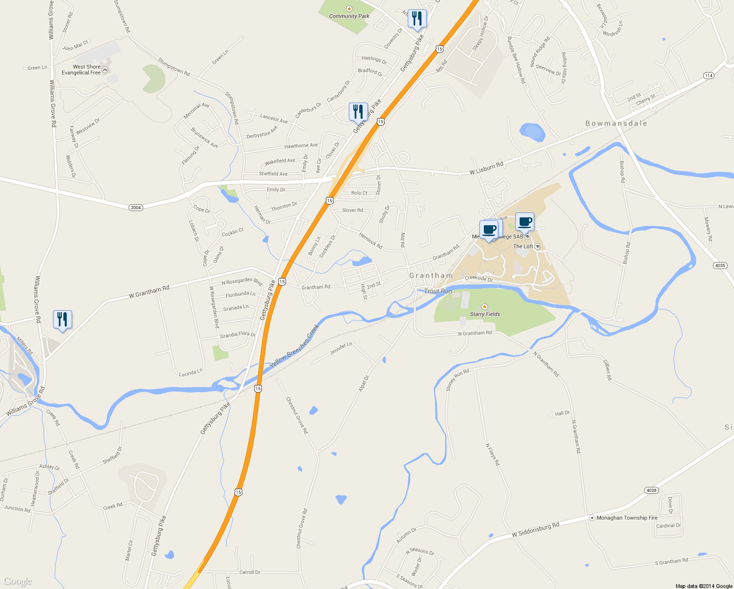 map of restaurants, bars, coffee shops, grocery stores, and more near 2719 High Street in Mechanicsburg