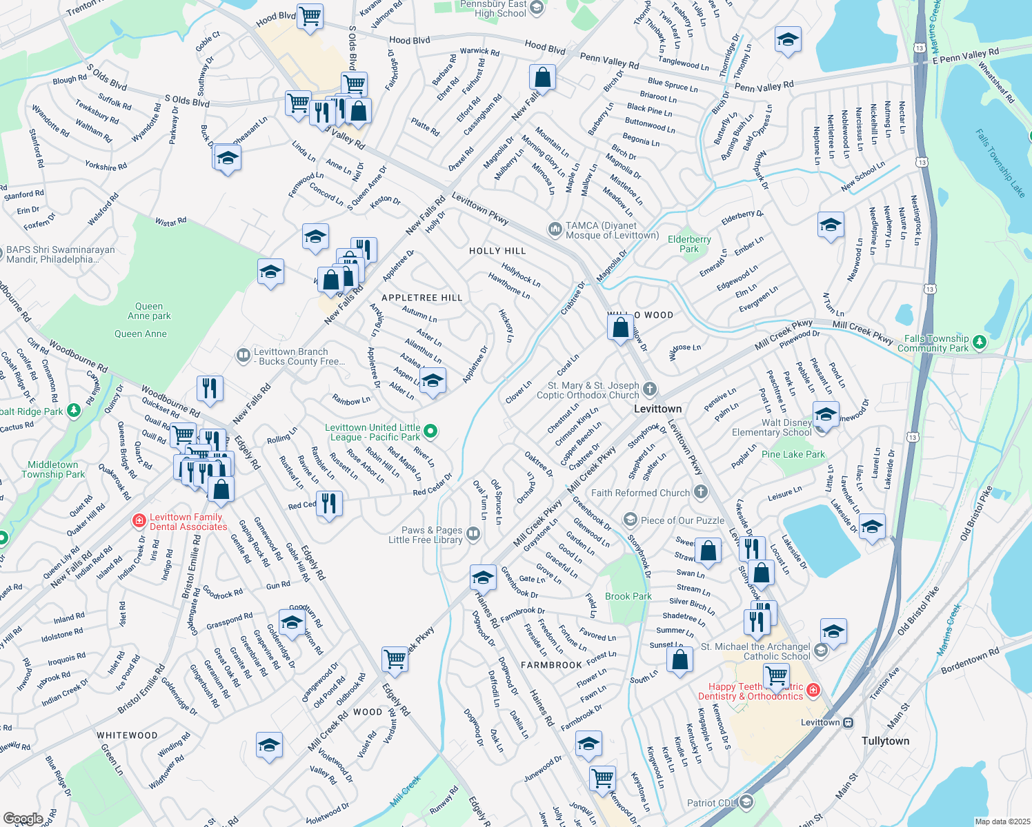 map of restaurants, bars, coffee shops, grocery stores, and more near 7 Coral Lane in Levittown