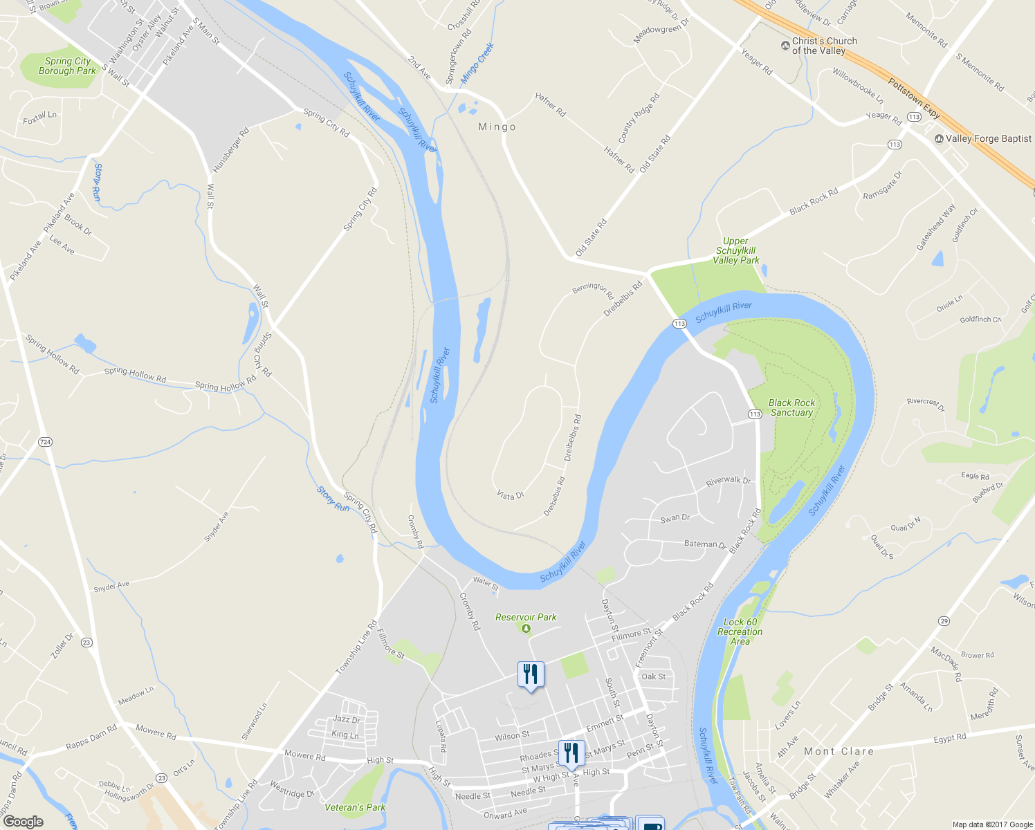 map of restaurants, bars, coffee shops, grocery stores, and more near 342 Vista Drive in Phoenixville