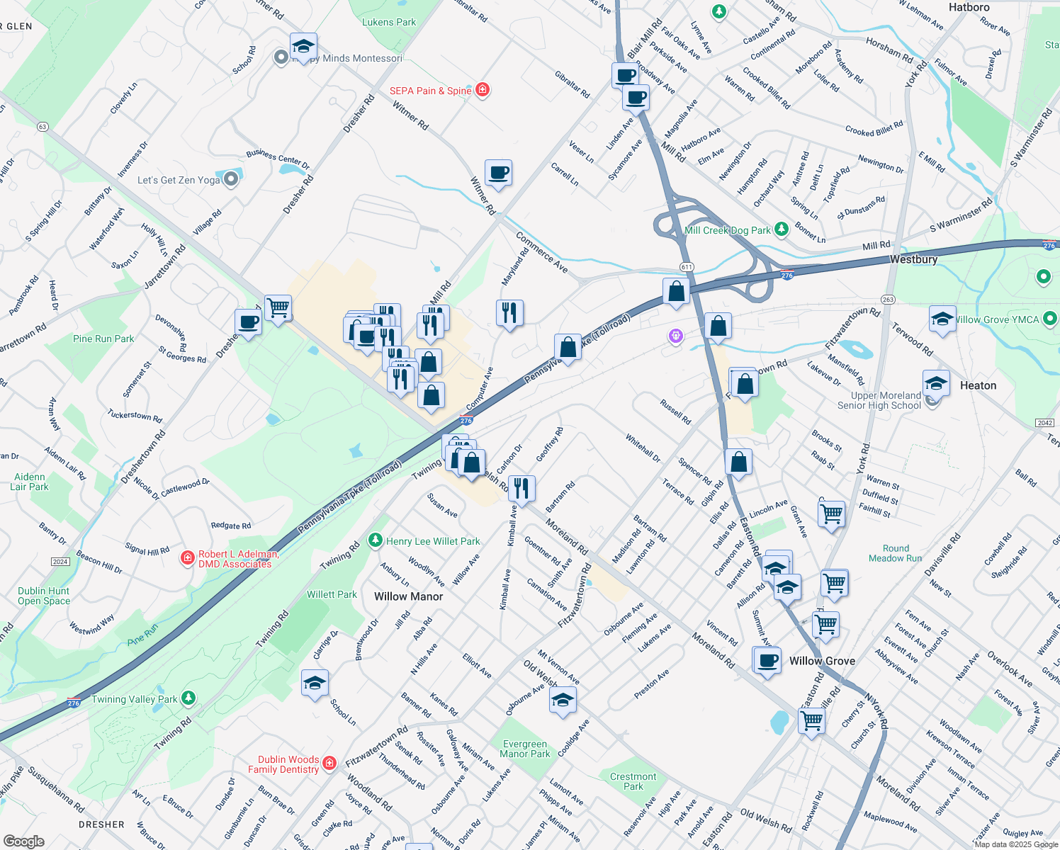 map of restaurants, bars, coffee shops, grocery stores, and more near 2150 Carlson Drive in Willow Grove