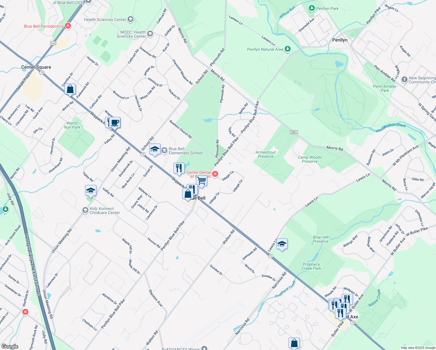 map of restaurants, bars, coffee shops, grocery stores, and more near 591 Village Circle in Blue Bell