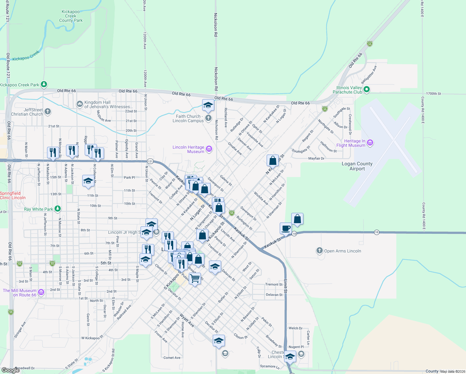 map of restaurants, bars, coffee shops, grocery stores, and more near Galena Street in Lincoln