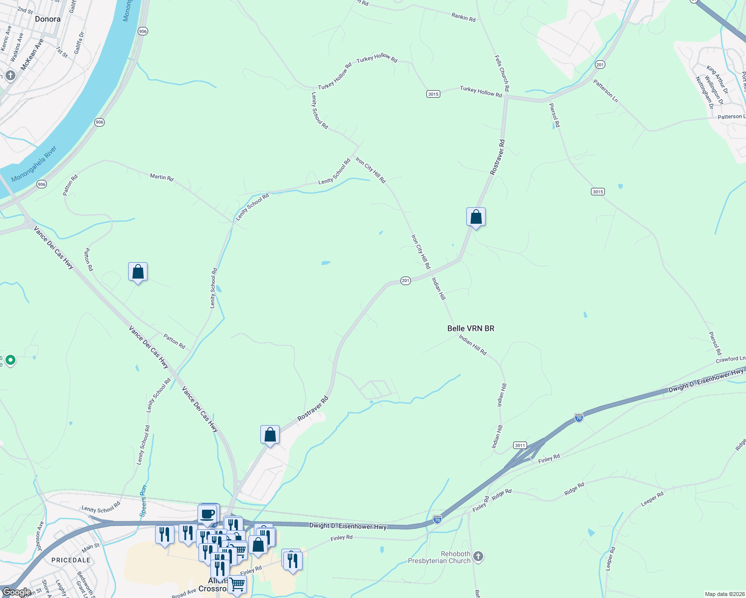 map of restaurants, bars, coffee shops, grocery stores, and more near 1239 Rostraver Road in Belle Vernon