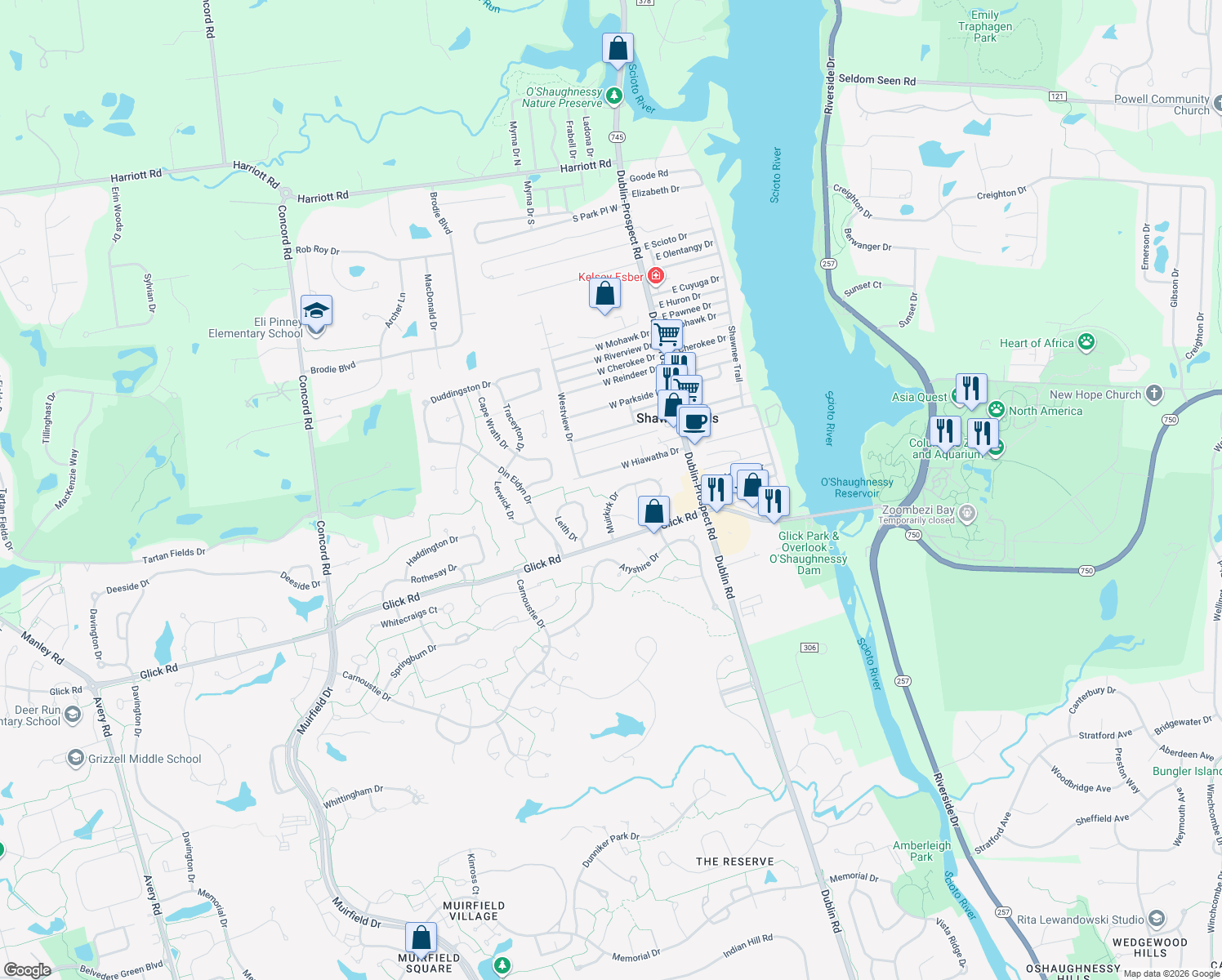 map of restaurants, bars, coffee shops, grocery stores, and more near 9336 Muirkirk Dr in Dublin