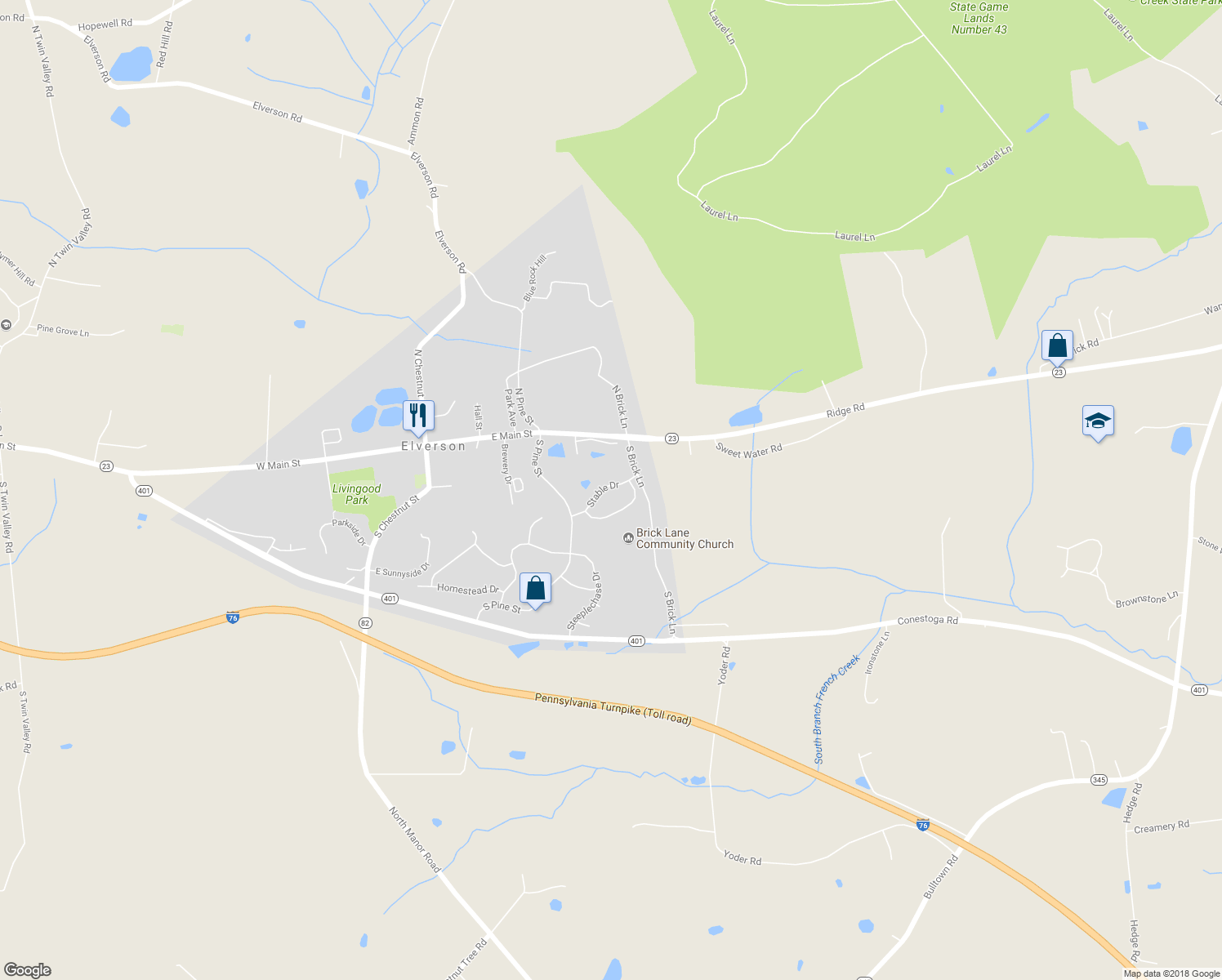 map of restaurants, bars, coffee shops, grocery stores, and more near 29 Stable Drive in Elverson